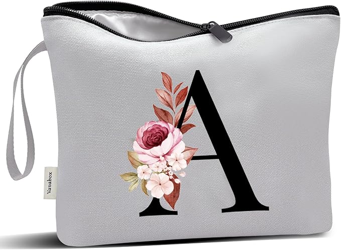 Vavabox A-Z Personalized Makeup Bag, Birthday Gifts for Women Mom, Gifts for Best Friend, Bride Bridesmaid Cosmetic bag (A, Grey)