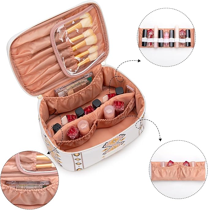 Montana West X Wrangler Travel Makeup Bag 2pcs Set Large Cosmetic Bag with Makeup Brush Holder Portable Make Up Organizer Cute Toiletry Bag with Divider and Handle for Women Aztec