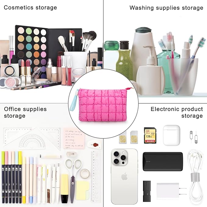 DOB SECHS Puffer Quilted Makeup Bag with Handle, Cute Puffy Cotton Cosmetic Bags for Women, Checkered Toiletry Zipper Pouch, Travel Essentials Storage Organizer Clutch Pouches Pencil Case, Hot Pink