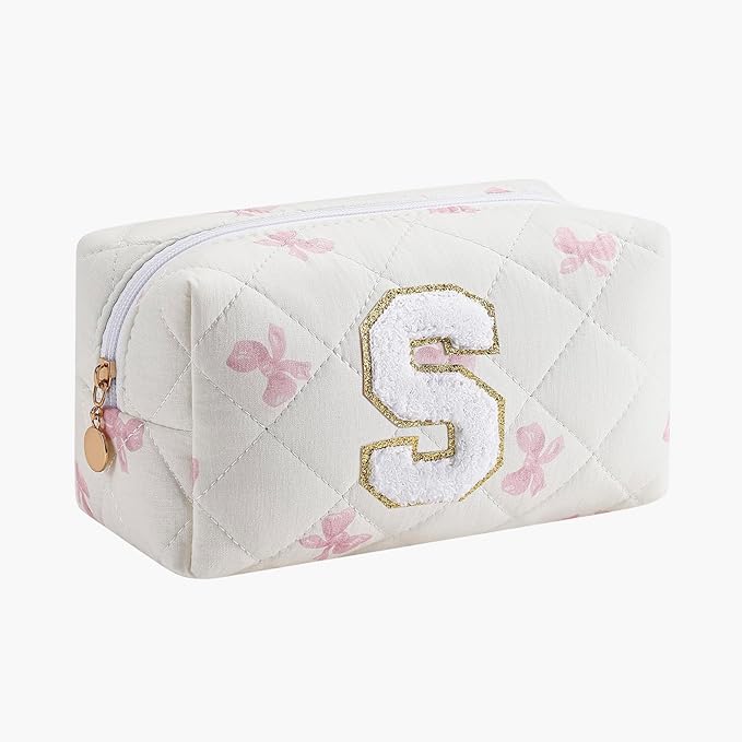 Gleyemor Personalized Initial Makeup Bag for Women, Cute Quilted Pink Floral Cotton Cosmetic Bag, Christmas Gifts for Her Mom Friend Sister Bridesmaid Teacher Women S