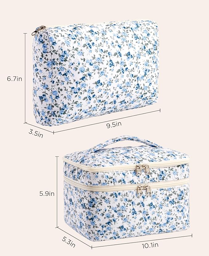 HBselect 2Pcs Travel Makeup Bag, Large Cotton Quilted Makeup Bag Cosmetic Bag Cute Make up Bag Toiletry Bags for Women Girls