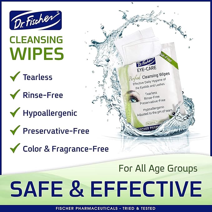 Dr. Fischer Eyelid Wipes - Hypoallergenic Preservative-Free Eye Cleansing Wipes for Sensitive Eyelids (Twin Pack).