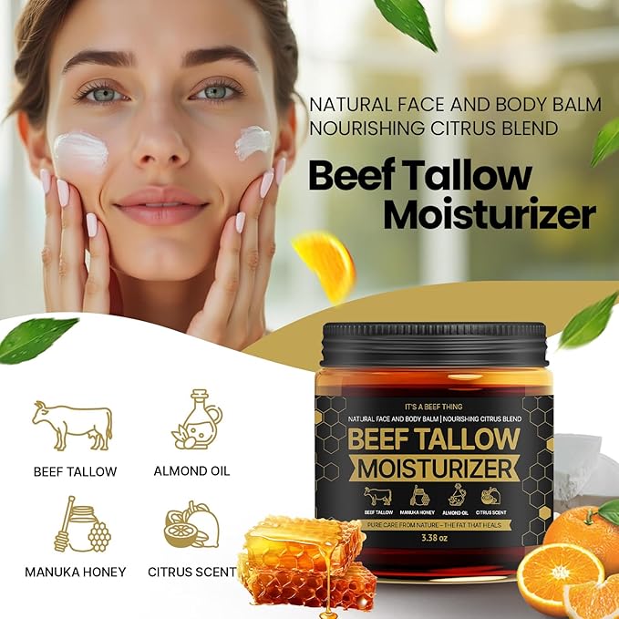 100% Grass-Fed Beef Tallow Balm with Manuka Honey, Almond Oil & Light Citrus Scent – Organic Whipped Moisturizer for Hydrating Face, Body & Dry Skin (3.38oz)