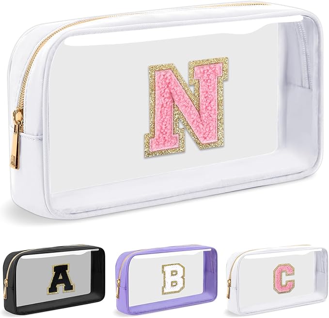 Personalized Initial Letter Clear Makeup Bag,Preppy Small Nylon&PVC Cosmetic Zipper Bag with Chenille Letter,Travel Skincare Toiletry Bag,Monogram Christmas Gift for Teen Girls Women,N