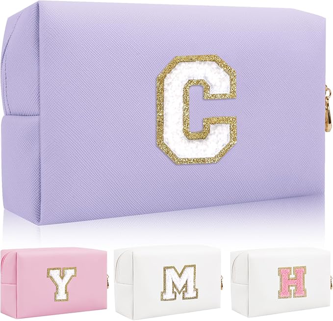 Personalized Initial Letter Patch Makeup Bag, Preppy Small Chenille Cosmetic Bag with Zipper, PU Leather Waterproof Travel Toiletry Bag Monogram Make Up Pouch for Women Girls