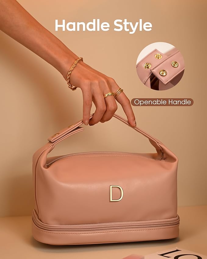 Engagement Gifts-Initial Makeup Bag with Handle, Waterproof Double Layer Cosmetic Bag, Girl Makeup Bags Letter Travel Toiletry Bag with Makeup Brush Organizer-Teacher Appreciation Gifts