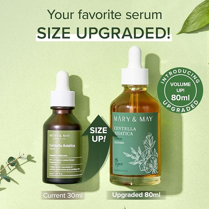 Mary&May Korean Centella Asiatica Serum 95% Pure Extract - Skin Soothing Facial Serum for Irritated Skin - Fast-Absorbing Non-Sticky, EWG Green Grade Fragrance Free, Korean Skincare, 2.71 fl.oz.