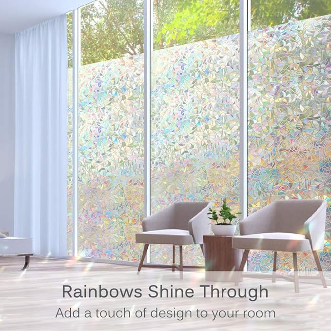 Volcanics Window Privacy Film Static Window Clings Vinyl 3D Decals Stickers Rainbow Window Film for Glass Door Home Heat Control Anti UV 23.6 x 78.7 Inches