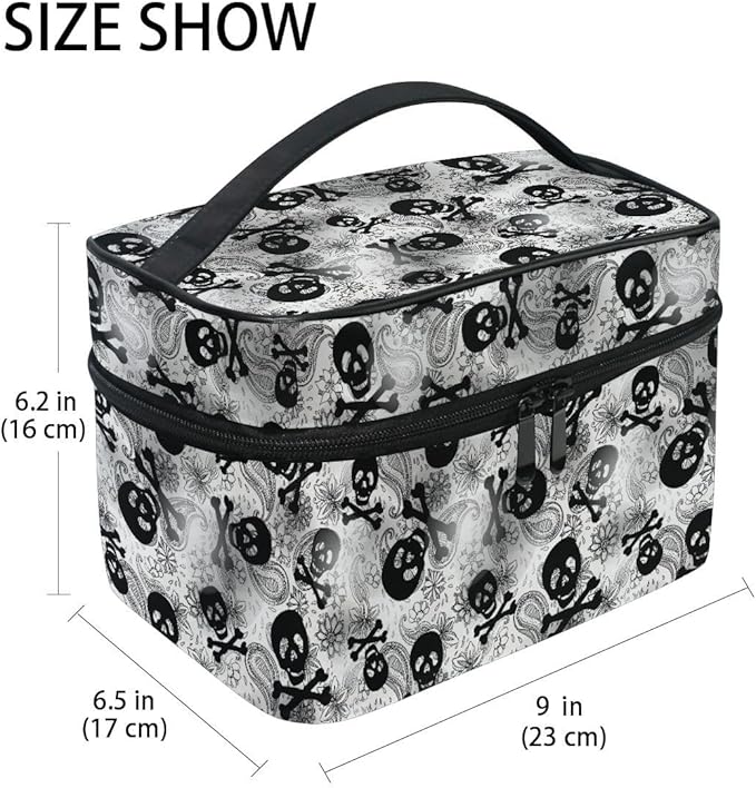 Makeup Bags, Gothic Skulls Black Grey Paisley Makeup Organizer Bags Toiletry Bag Box Travel Cosmetic Bag Make Up Train Case for Women Teen Girl Ladies