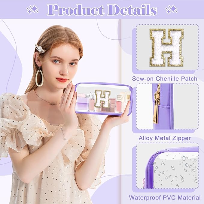 Personalized Initial Letter Clear Makeup Bag,Preppy Small Nylon&PVC Cosmetic Zipper Bag with Chenille Letter,Travel Skincare Toiletry Bag,Monogram Christmas Gift for Teen Girls Women,H