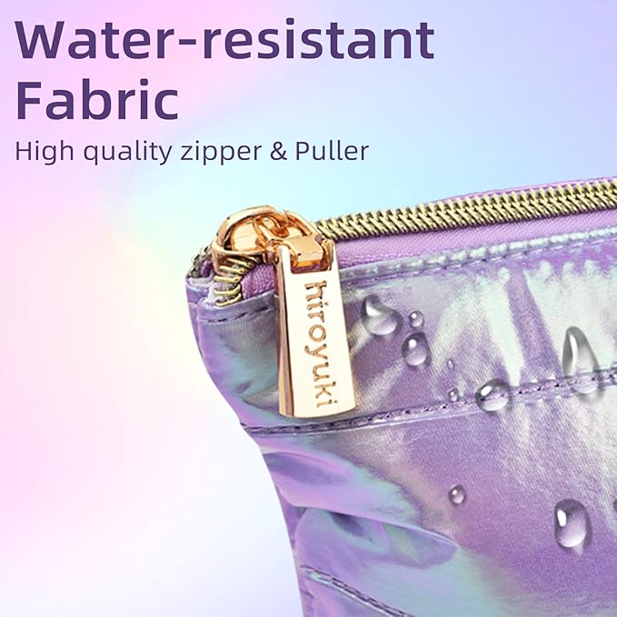 Hiroyuki Iridescent Quilted Makeup Bag, 3pcs Cute Makeup Bag Set, Large Capacity Cosmetic Organizer Travel Toiletry Pouch (plain, purple)