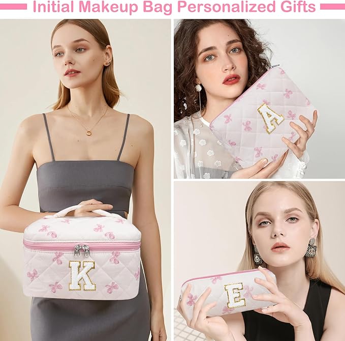 Initial Makeup Bag Set, Personalized Quilted Makeup Bag, Large Floral Cosmetic Bag for Women, Cute Cotton Custom Make up Bags, Flower Travel Toiletry Bag Teen Girl Gift Pink Butterfly S