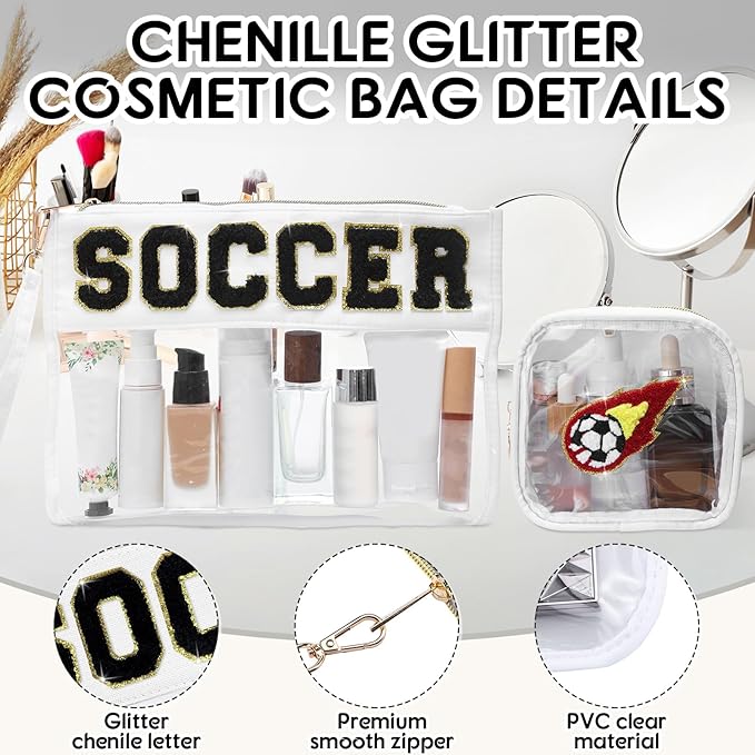 Hillban 2 Pcs Soccer Gifts Chenille Letter Bags Preppy Patch Makeup Bag Flat Clear Pouch PVC Organizer Purse Waterproof Travel Cosmetic Bag Portable Toiletry Storage Bag for Women Girl