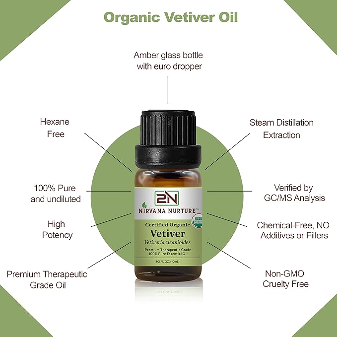 Vetiver Essential Oil USDA Certified Organic, 100% Pure Natural Premium Grade, Undiluted- Aromatherapy Diffuser for Calm and Relaxation, Skin Care, Hair Care