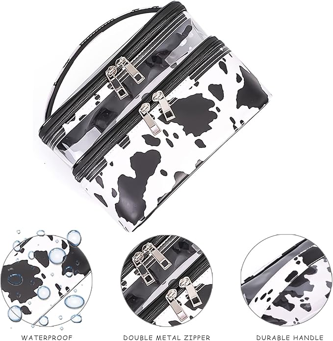 Double-layer Cosmetic Bag Makeup Bag Travel Makeup Bag Makeup Bags for Women Cosmetics Cases Portable Waterproof Foldable (Cow Print)