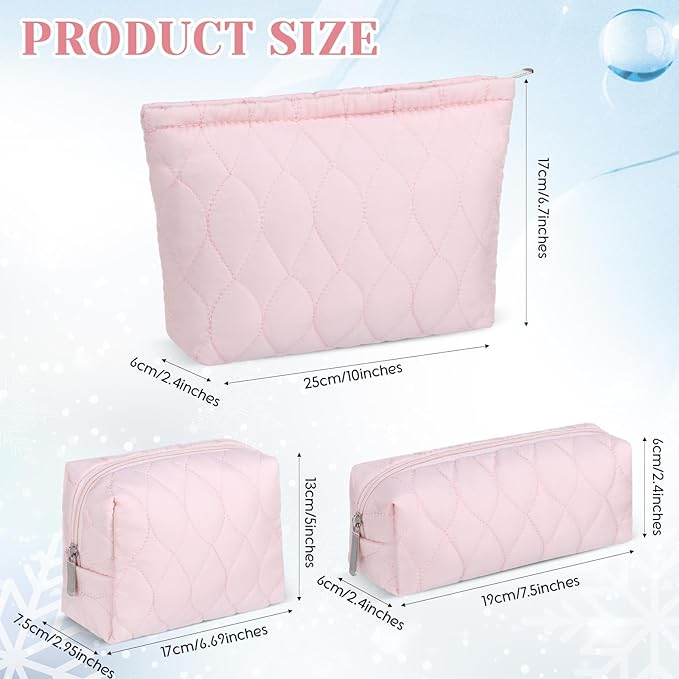 3 Pcs Puffy Makeup Bag Quilted Cosmetic Pouch for Women Cute Water drop Travel Toiletry Bag Puffer Makeup Organizer Purse Pouch Preppy Pencil Case with Zipper(Light Pink)