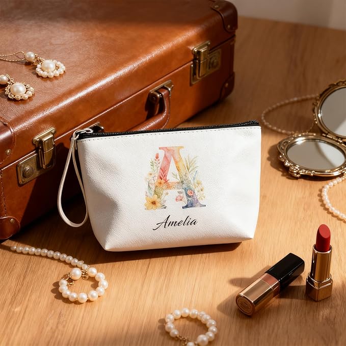 Personalized Makeup Bag Initial&Birth Flower Custom Small Travel Cosmetic Bag with Name Cute Makeup Bag for Women Girls