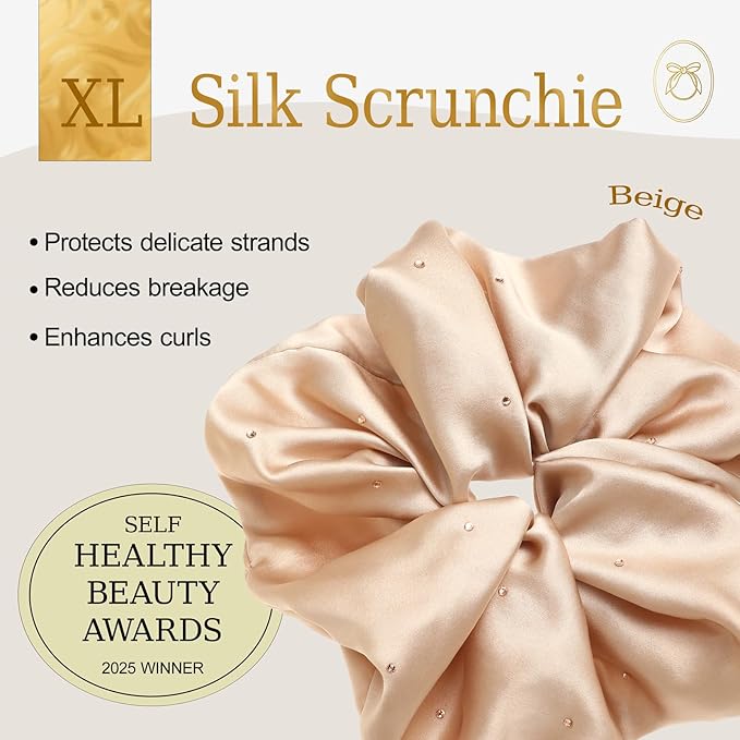 100% Mulberry Silk Scrunchies for Women Ponytail Holders – Plus Rhinestone-Embellished Design for Curly, No Damage Hair Ties for Curly, Thick, and Thin - Hair Accessories for Women (Champagne)