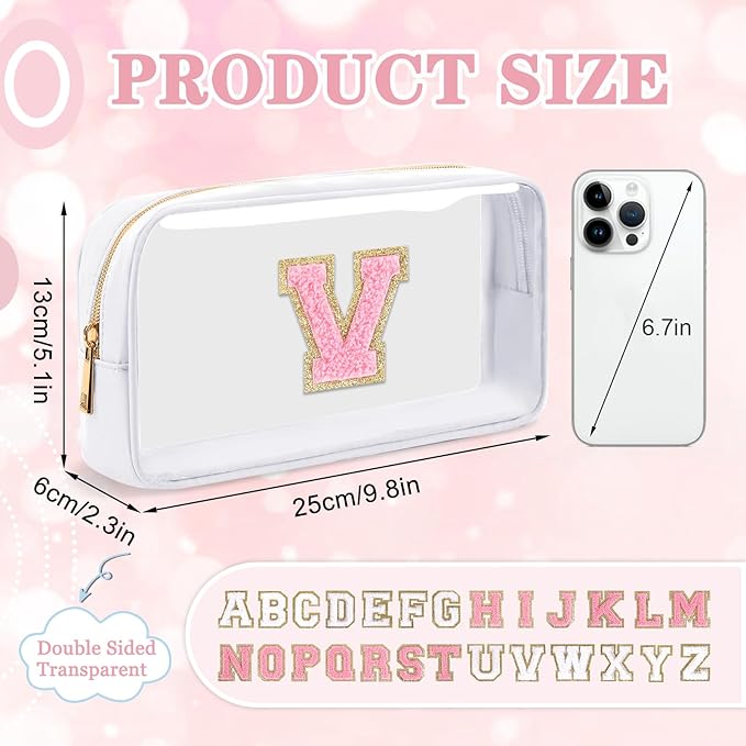 Small Clear Personalized Initial Makeup Bag, Preppy Nylon A-Z Chenille Letter Patch Makeup Organizer TSA Approved Travel Toiletry Bag,Waterproof Zip Beach Cosmetic Pouch Purse for Women(White-Pink V)