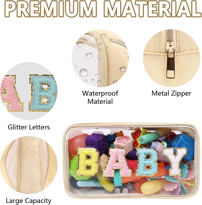Iqimott Clear Patch Makeup Bag Baby Pouch, Preppy Personalized Chenille Letter Cosmetic Pouch for Travel, Nylon Waterproof Travel Essentials Zipper Toiletry Bags for Women Girls(BABY, Beige)