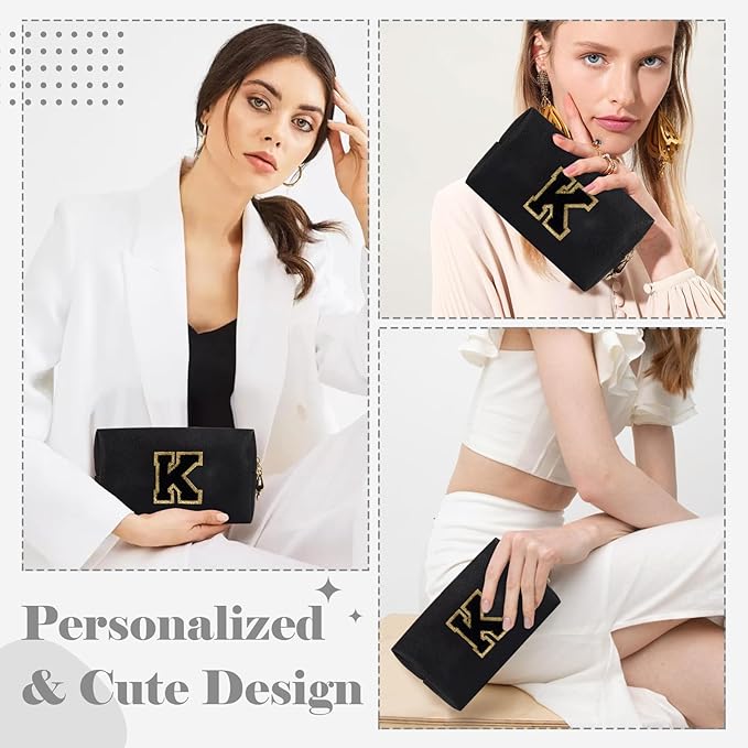 Personalized Initial A-Z Preppy Patch Makeup Bag,Small PU Chenille Letter Cosmetic Bag with Zipper for Teen Girls,Black Cute Toiletry Organizer Bag,Monogram Makeup Case Gift for Women Girls,Letter K