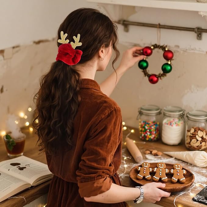 Christmas Hair Scrunchies, 6Pcs Reindeer Antler Hair Ties Velvet Scrunchies Elastic Christmas Ponytail Holder Red Green Brown Hair Ties for Women Girls Xmas Accessories