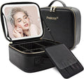 Travel Makeup Bag with LED Mirror – 3 Brightness Modes, Portable Lighted Makeup Case with Adjustable Dividers, Cosmetic Organizer Gift for Women (Black)