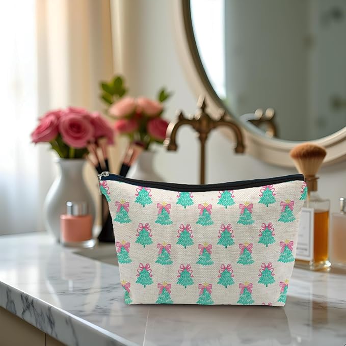 Coquette Pink Bow Christmas Tree Makeup Bag, Preppy Mint Green Christmas Tree Cosmetic Bags Gifts for Women, Girly Xmas Portable Travel Toiletry Bag Zipper Makeup Pouch