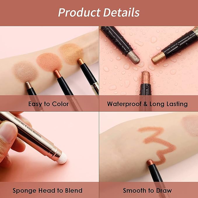 Eyeshadow Stick Smooth Cream Shadow Pencil Long Lasting Waterproof Eye Shadow Pen Highlighter Stick Makeup Hypoallergenic Multi-Dimensional Eyes Look (Champagne Shimmer #04)