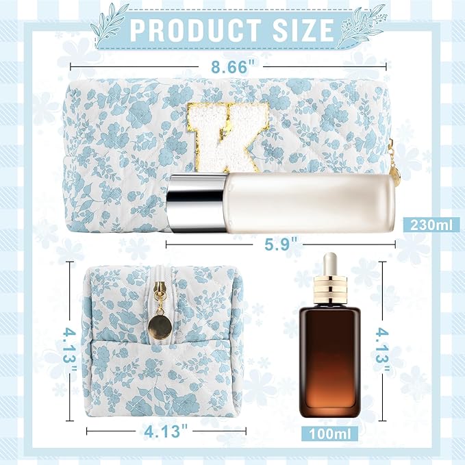 Personalized Quilted Cosmetic Bag, Puffy Monogrammed Christmas Birthday Gifts for Women & Girls, Cute initial Floral Makeup Bag Puffer Coquette Bag, Aesthetic Travel Toiletry Zipper Pouch(Blue,K)
