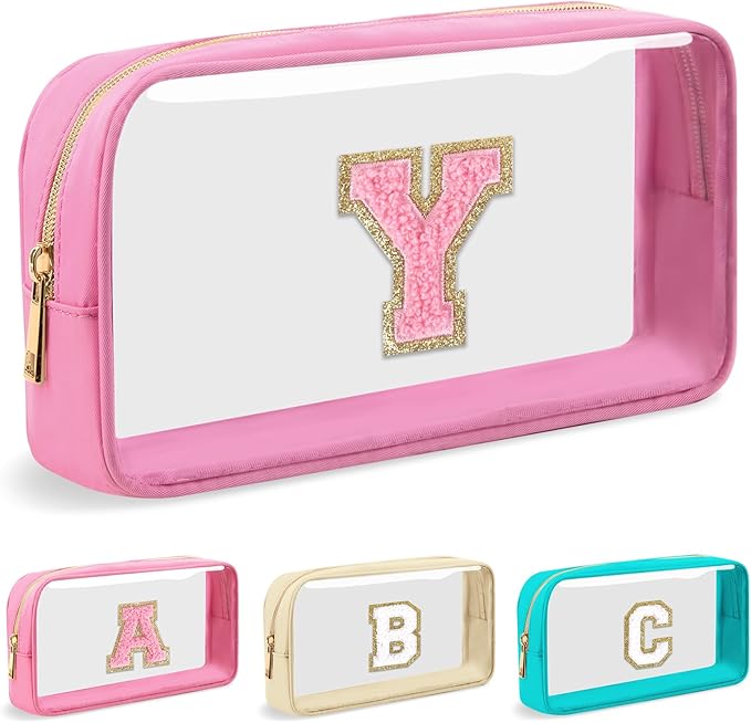 Personalized Initial Letter Clear Makeup Bag,Preppy Small Nylon&PVC Cosmetic Zipper Bag with Chenille Letter,Portable Beach Travel Skincare Toiletry Bag,Trendy Monogram Gift for Teen Girls Women,Y