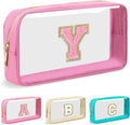 Personalized Initial Letter Clear Makeup Bag,Preppy Small Nylon&PVC Cosmetic Zipper Bag with Chenille Letter,Portable Beach Travel Skincare Toiletry Bag,Trendy Monogram Gift for Teen Girls Women,Y