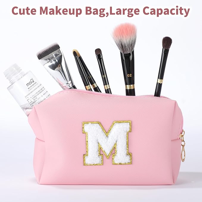 MSQ Personalized Makeup Bag Initial A-Z Patch Bag, PU Leather Cosmetic Bag Pouch Travel Toiletry Bag with Zipper, Gift Ideal for Teen Girls Friend Mom Women Birthday (Pink M)