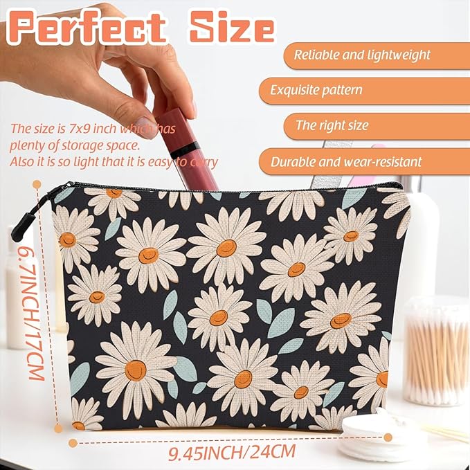Cosmetic Bags Travel Makeup Toilet Case Waterproof Pouch for Women Girls 6.7X9.45inches - Daisy Pattern With Light Blue Leaves on Black