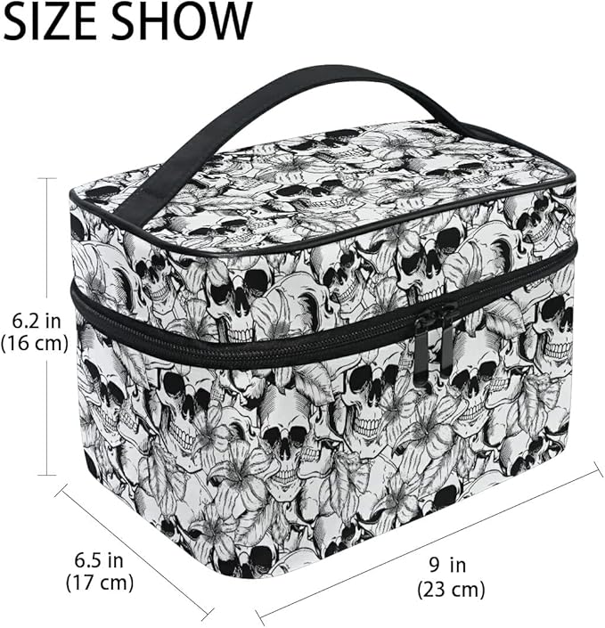 Goth Skull Makeup Bag, Gothic Skull Flowers Makeup Organizer Bags Toiletry Bag Box Travel Cosmetic Bag Make Up Train Case for Women Teen Girl Ladies