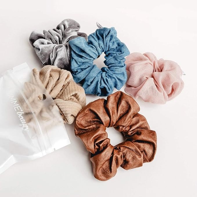 Gimme Beauty - Hair Scrunchies Variety Pack - Denim, Corduroy, Faux Leather, Blush, and Velvet Scrunchies - Gentle All Day Hold Hair Styling Accessories - No-Slipping, Snagging or Creasing (5 Count)