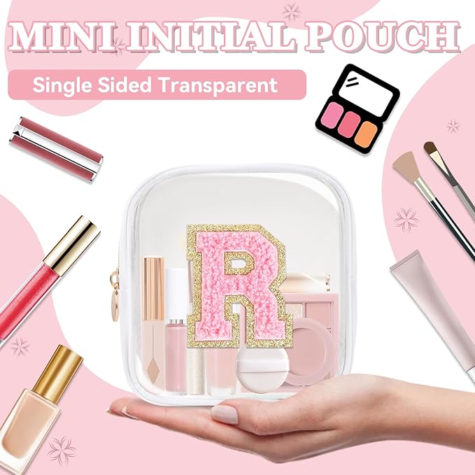 Mini Clear Personalized Initial Makeup Bag,Nylon Preppy A-Z Chenille Letter Patch Zipper Cosmetic Bag, Small Cute Beach Pouch Travel Purse Sanitary Napkin Storage Bag for Women Girls(White-Pink R)