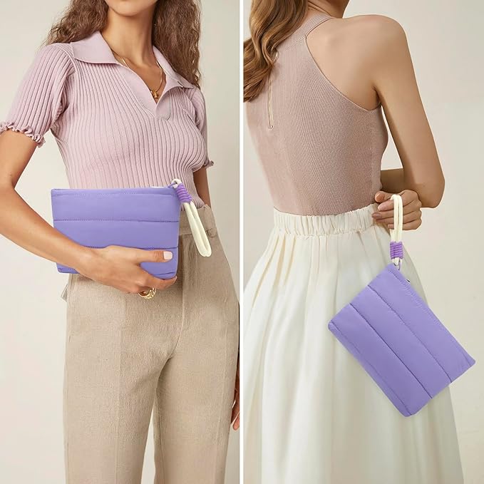 DOB SECHS Striped Quilted Makeup Bag with Wristlet Strap Cute Puffy Cotton Cosmetic Bag for Women, Small Puffer Toiletry Zipper Make Up Pouch, Quilt Clutch Bag Travel Organizer Storage Pouches, Purple