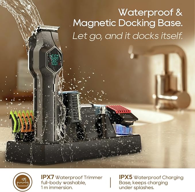 Beard Trimmer for Men, Magnetic Snap-on Replacement Heads & Charging Dock, IPX7 Waterproof Cordless Hair Clippers, Mens Grooming Kits for Mustache/Body/Face/Ear/Nose, Gray