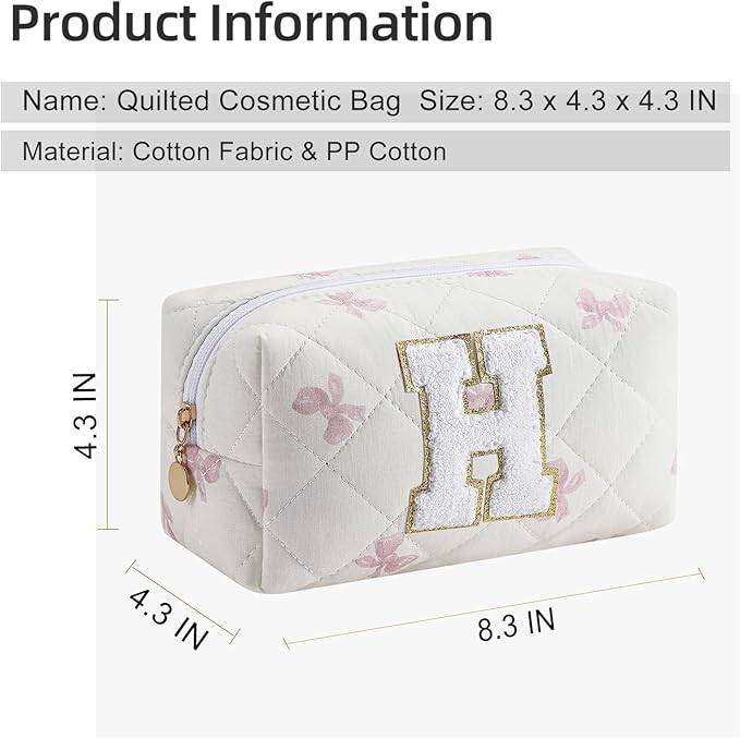Gleyemor Personalized Initial Makeup Bag for Women, Cute Quilted Pink Floral Cotton Cosmetic Bag, Christmas Gifts for Her Mom Friend Sister Bridesmaid Teacher Women H
