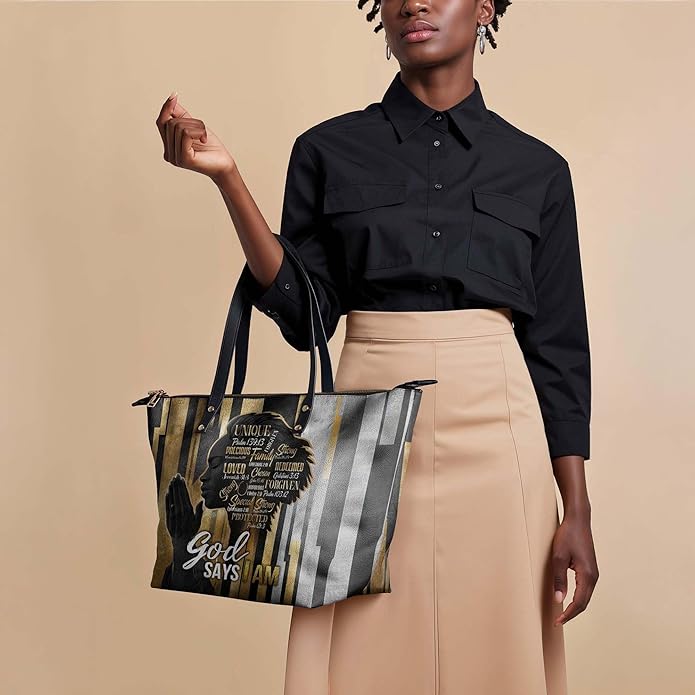 African Black Women's Leather Tote Bag, Large, Premium Vegan Leather, Full Zip, Perfect Christmas Gifts For Women