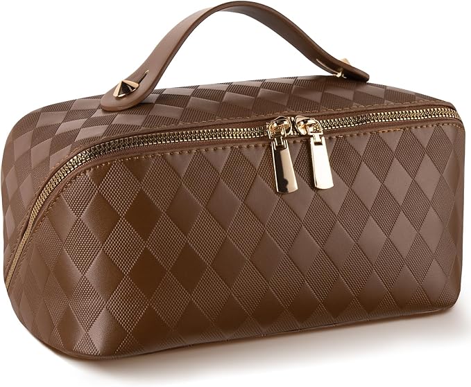 Abiudeng Travel Makeup Bag Large Capacity for Travel Essentials Open Flat Makeup bag Organizer with Divider and Handle-Rhombus Brown