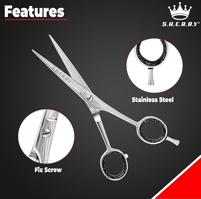 Professional Barber Shears 6.5” – High Carbon Stainless Steel Hair Cutting Scissors with Razor Sharp Edge for Salon & Home Use by S.H.E.R.R.Y (silver, 6.5)