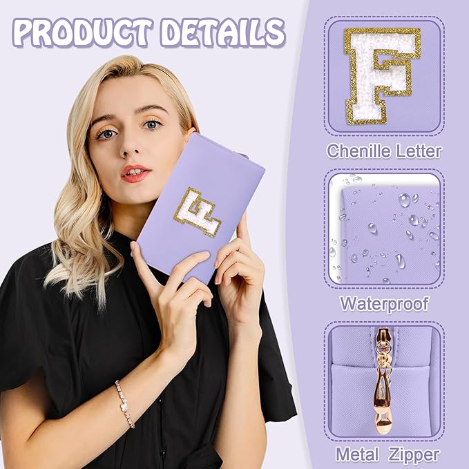 Personalized Small Initial Preppy Makeup Bag, Purple Cute Cosmetic Organizer Chenille Letter Travel Toiletry Zipper Pouch,Portable Waterproof Makeup Case Friendship Gift for Families Friends(Letter F)
