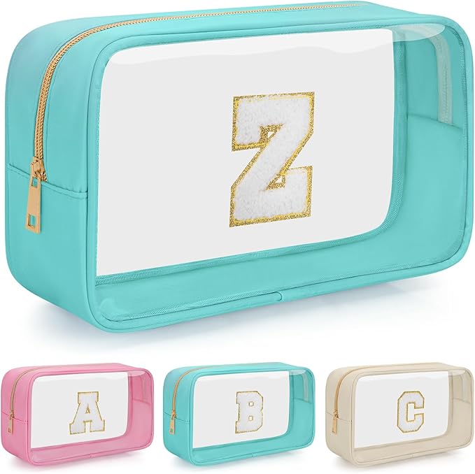 Personalized Initial Clear Makeup Bag, Travel Chenille Patch Cosmetic Bag, Preppy Toiletry Bag Monogram Cosmetic Pouch with Zipper, Ideal Gift for Teen Girls Women (Clear-Green, Z)