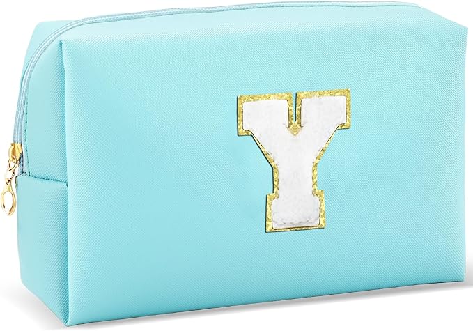 Gifts for Girls Initial Makeup Bag Personalized Cosmetic Bag with Zipper Cute Travel Toiletry Bag Waterproof PU Preppy Makeup Pouch Birthday Gift for Teen Girls Women(Blue Y)