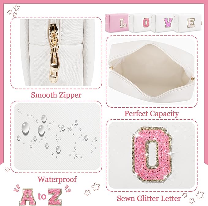 Personalized Initial Letter Makeup Bag, Small Glitter Letter Patch Cosmetic Pouch Zipper, Preppy Makeup Organizer PU Waterproof Travel Toiletry Bag, Monogrammed Birthday Gift for Women Girls