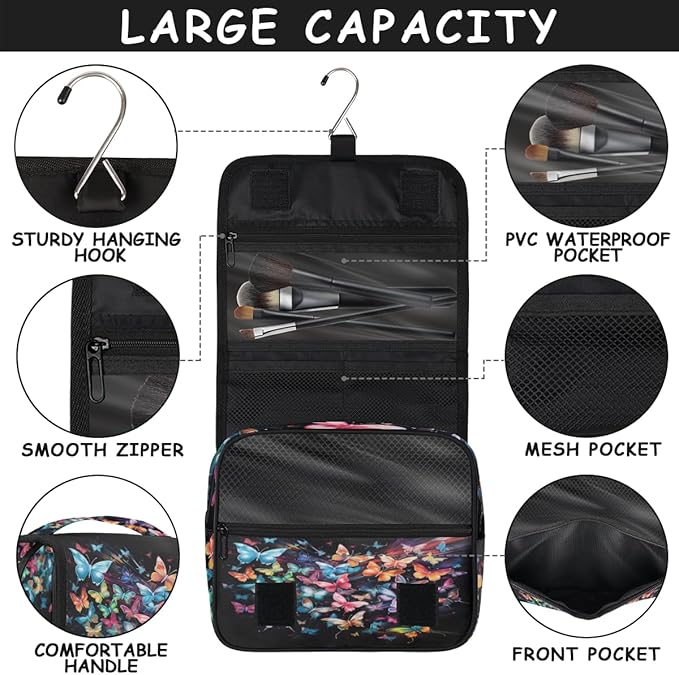 Hanging Travel Toiletry Bag for Women Men Colorful Butterfly Waterproof Makeup Bag Animal Butterfly Portable Cosmetic Bag Travel Essentials for Traveling Accessories Toiletries Bathroom Shower