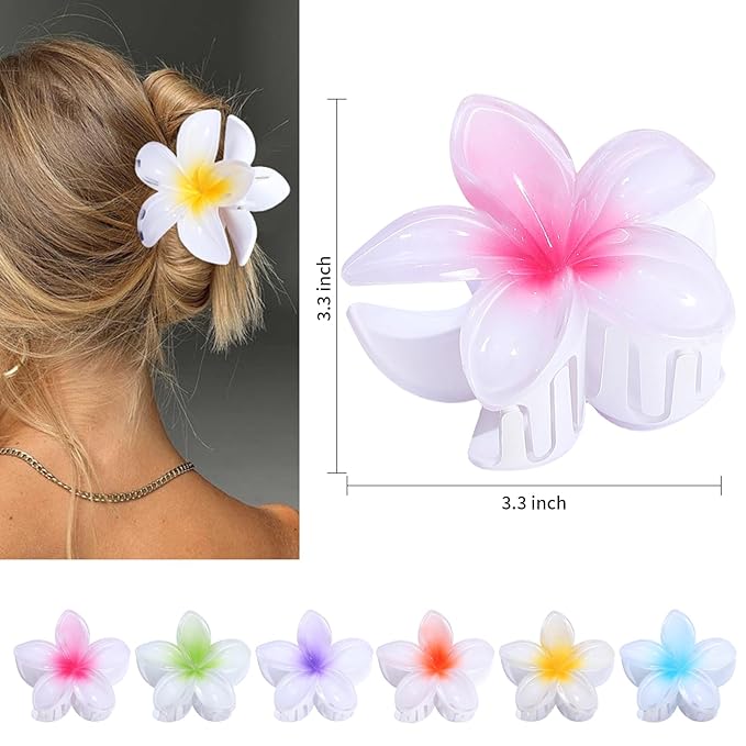 Flower Hair Clips 6 PCS Hawaiian Claw Clips for Vacation Hibiscus Hair Claw Clips Cute Large Hair Clips for Thick and Thin Hair Plumeria Hair Accessories for Women Girls -White Colorful