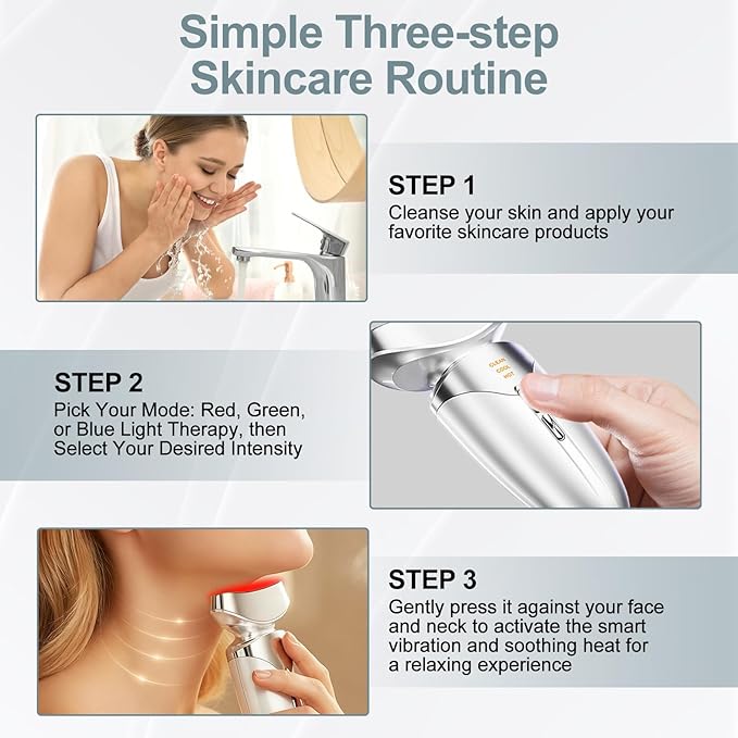 Red Light Beauty Device for Face and Neck, Based on High-end Red and Blue LED Light, Facial Cold and Hot, Vibration Technology, 3 Color Led Face and Neck Beauty Device for Home Use, Pearly White